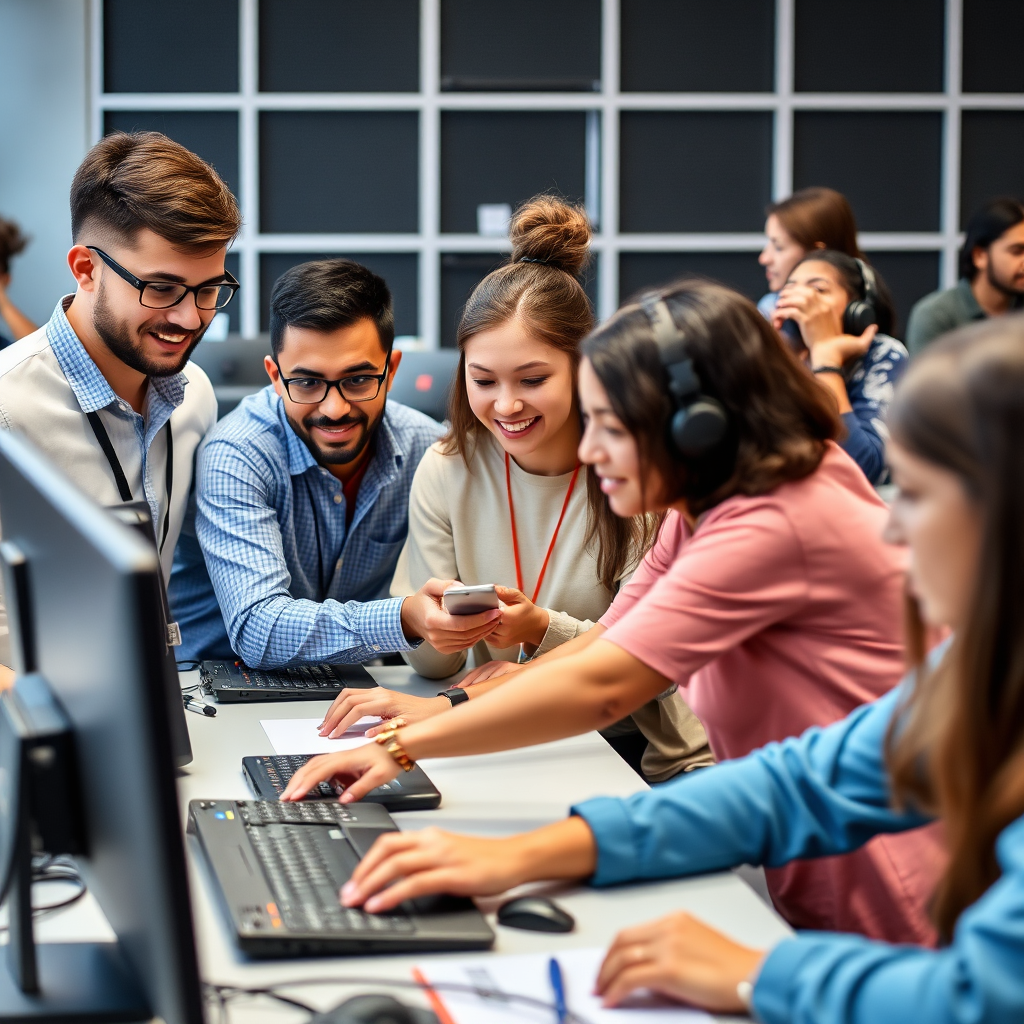 A group of individuals participating in a hands-on technical training session, learning coding and other digital skills. Show engagement and practical learning. Style: Engaging, practical, and skill-oriented.