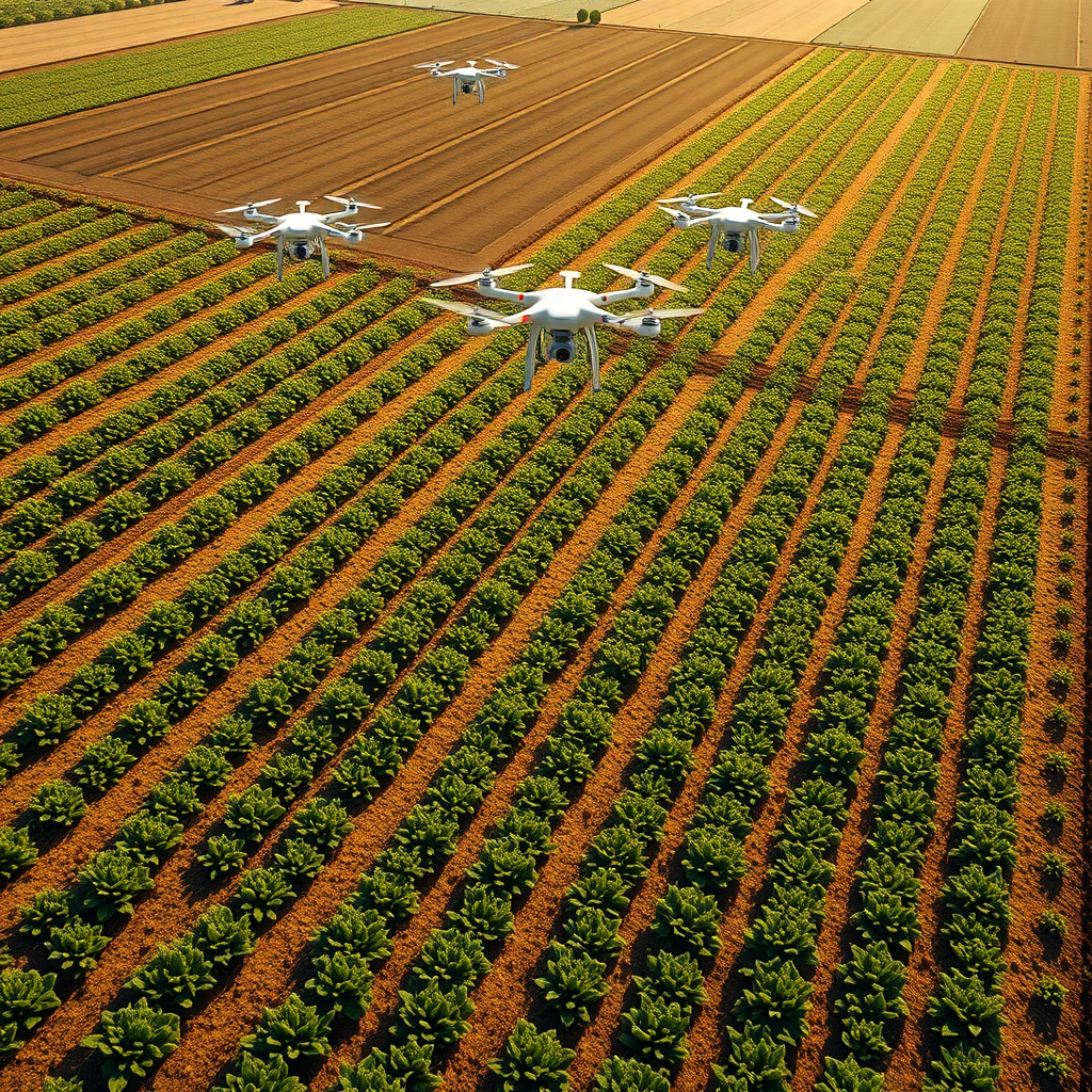 A photorealistic aerial view of a large, meticulously maintained farm. Drones are flying overhead, capturing data and transmitting it to a centralized system. The crops are healthy and vibrant, and the fields are precisely organized. The lighting is warm and sunny, highlighting the efficiency and productivity of precision farming techniques. The color palette is predominantly green and brown, representing the natural environment, with accents of blue and white representing technology and data. The camera angle is a high-angle shot, showcasing the scale and complexity of the operation. Texture details: Rich soil, lush foliage, advanced technology. Props: Drones, sensors, data visualizations, agricultural machinery. 4K resolution, high quality.