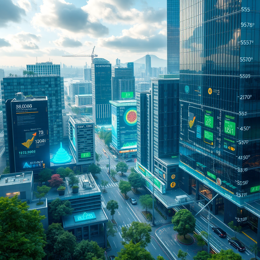 A photorealistic depiction of a smart city incorporating green technologies, with digital sensors monitoring environmental data. Show urban greenery and renewable energy sources. Style: Modern, sustainable, and technologically advanced.