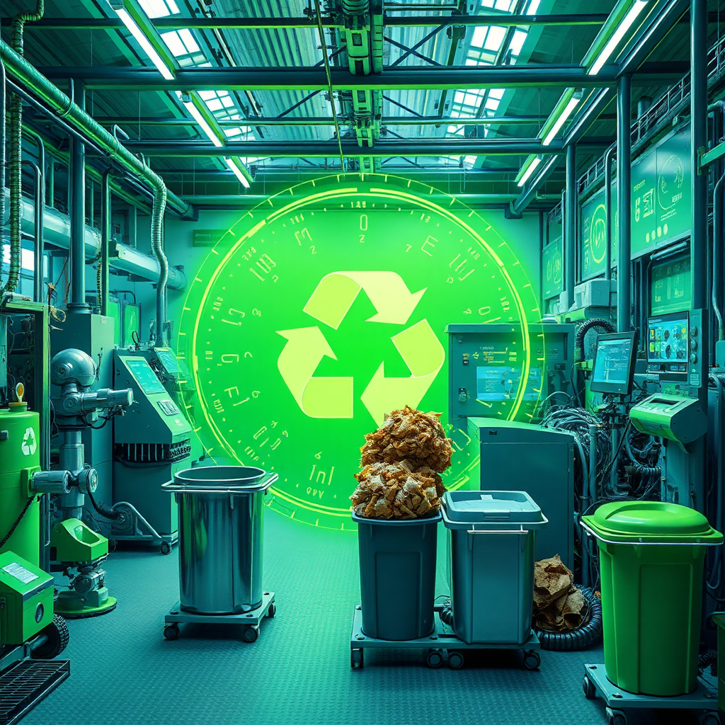 A photorealistic image illustrating a circular economy ecosystem powered by digital technology. The scene features a smart recycling plant using AI to sort and process waste materials. The image highlights data streams and visualizations showing the flow of materials and resources within the circular system. The color palette is bright and modern, with greens and blues dominating the scene to represent sustainability and technology. The camera angle is a medium shot, focusing on the innovative technology and the efficient processes of the recycling plant. Texture details include metallic machinery, recycled materials, and digital interfaces. Props include AI-powered robots, sensors, data dashboards, and recycling bins. 4K resolution, high quality.