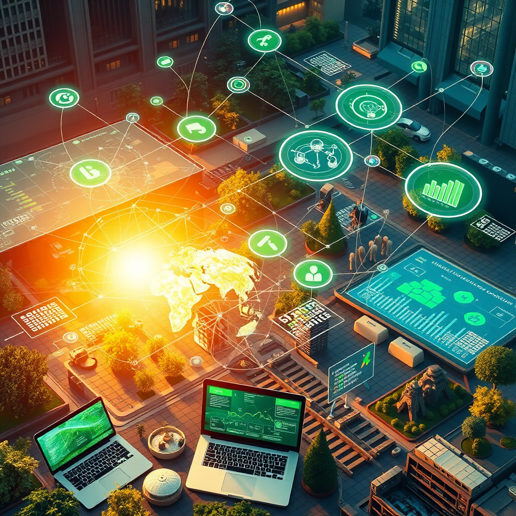 A photorealistic image illustrating an ecosystem of businesses, startups, and research institutions working together to address a specific challenge. The scene features digital displays showing interconnected networks, data streams, and visualizations of collaborative projects. The lighting is warm and inviting, emphasizing the collaborative spirit of the ecosystem. The color palette is diverse and engaging, with greens and blues representing sustainability and technology. The camera angle is a bird's-eye view, capturing the interconnectedness of the ecosystem. Texture details include digital interfaces, natural landscapes, and urban infrastructure. Props include laptops, tablets, research equipment, and sustainable business solutions. 4K resolution, high quality.
