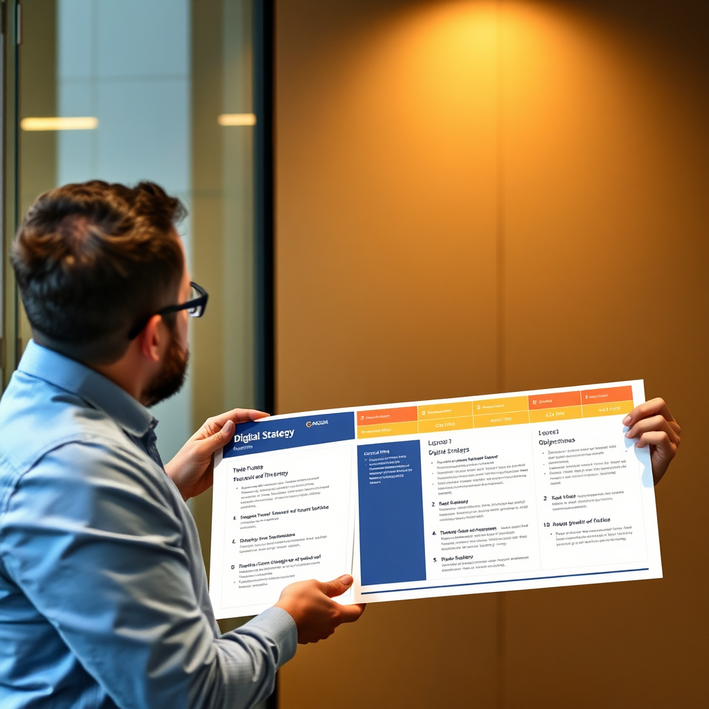 A photorealistic image of a business consultant presenting a digital strategy roadmap to a client, highlighting key milestones and objectives. Show professionalism and strategic planning. Style: Professional, strategic, and forward-thinking.