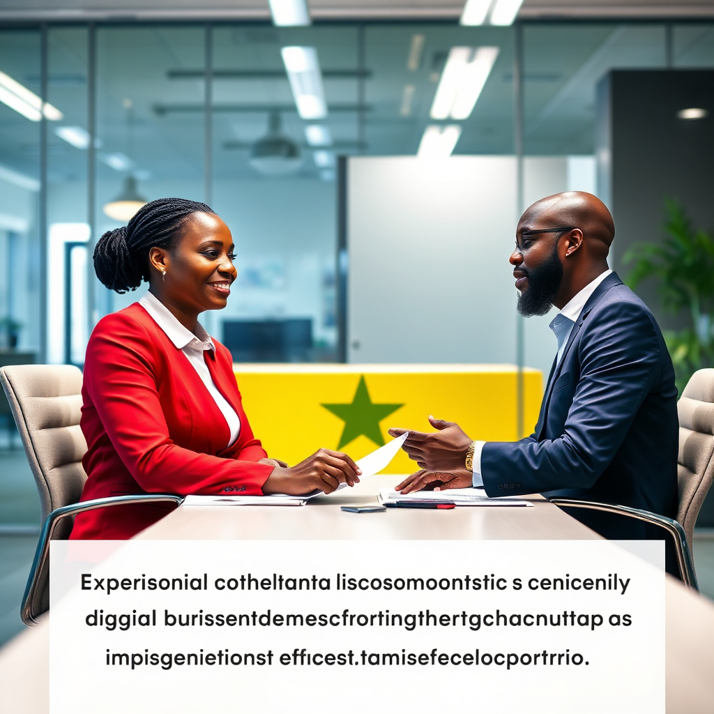 A photorealistic image of a consulting session with a business in Ghana. The composition should feature a consultant working with a business owner in a modern office setting. Use a professional and trustworthy color palette. The lighting should be bright and professional, conveying a sense of competence and expertise. The camera angle should be a medium shot, focusing on the consultant and the business owner. Include a subtle Ghanaian flag pattern in the background. The image should convey the message that Nogsenia Business Hub is providing expert consultancy services to help businesses develop and implement effective digital transformation strategies.