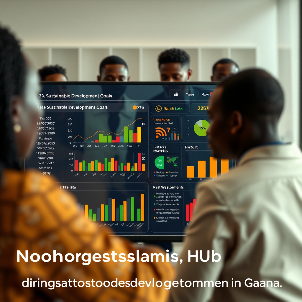 A photorealistic image of a data visualization dashboard displaying information about sustainable development goals in Ghana. The composition should emphasize the clarity and accessibility of the data. Use a modern design aesthetic with a color palette that evokes trust and reliability. The lighting should be soft and diffused, creating a welcoming and informative feel. The camera angle should be a medium shot, focusing on the dashboard and its key metrics. Include a diverse group of Ghanaian professionals analyzing the data in the background. The image should convey the message that Nogsenia Business Hub is using data to drive sustainable development in Ghana.