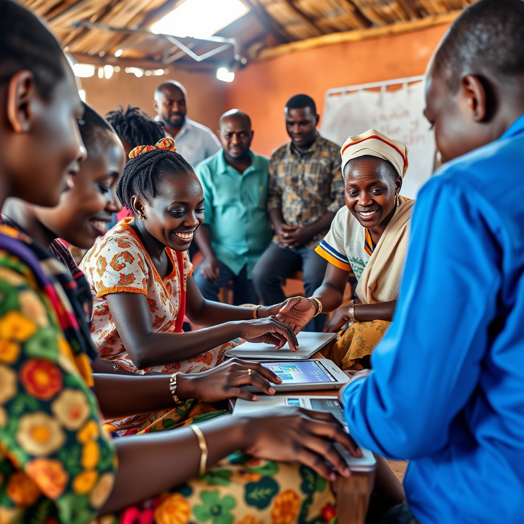 A photorealistic image of a digital training workshop in a rural Ghanaian community. The composition should emphasize collaboration and empowerment. Use vibrant colors to create a sense of energy and excitement. The lighting should be bright and cheerful, symbolizing the potential of education. The camera angle should be a medium shot, focusing on the participants and their engagement with the technology. Include local leaders and facilitators in the background, representing community ownership of the initiative. Ensure the image conveys a sense of opportunity and inclusivity.