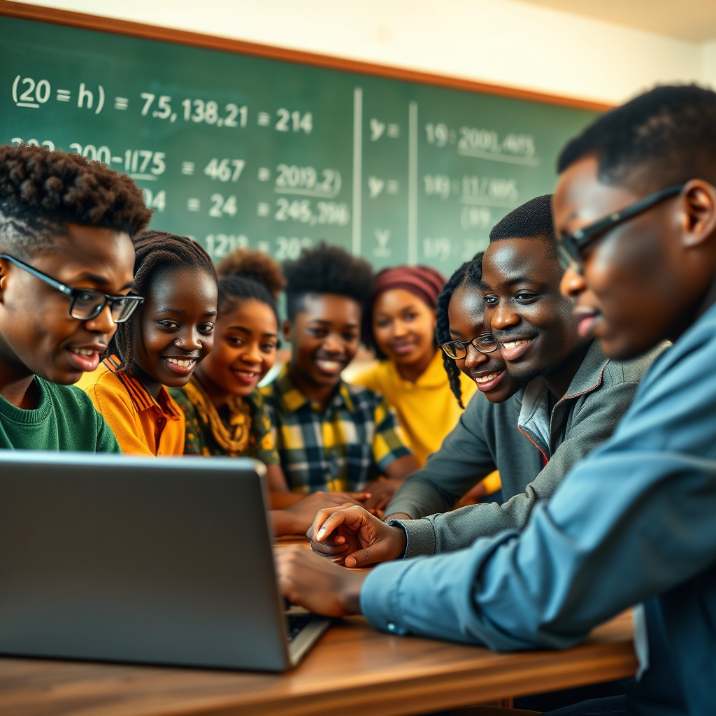 A photorealistic image of a diverse group of Ghanaian students learning coding in a modern classroom. The composition should emphasize collaboration and inclusivity. Use vibrant colors to create a sense of energy and excitement. The lighting should be bright and cheerful, symbolizing the potential of education. The camera angle should be a medium shot, focusing on the students' faces and their engagement with the technology. Include a chalkboard with coding equations in the background, representing the technical skills being developed. Ensure the image conveys a sense of opportunity and empowerment.