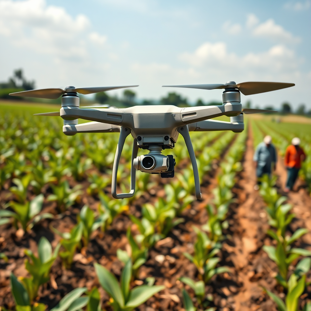 A photorealistic image of a drone monitoring a farm in Ghana. The composition should emphasize the integration of technology and agriculture. Use green and brown colors to highlight the natural environment. The lighting should be bright and sunny, symbolizing growth and productivity. The camera angle should be a high-angle shot, showcasing the scale of the farm and the technology being used. Include farmers in the background, representing the human element of sustainable agriculture. Ensure the image conveys a sense of innovation and environmental responsibility.