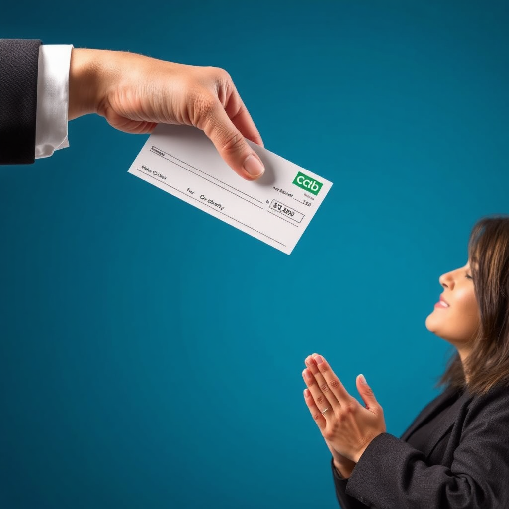 A photorealistic image of a hand extending a check to a grateful entrepreneur, symbolizing access to funding and financial support. The image should convey opportunity, support, and growth. Style: Optimistic, supportive, and professional.