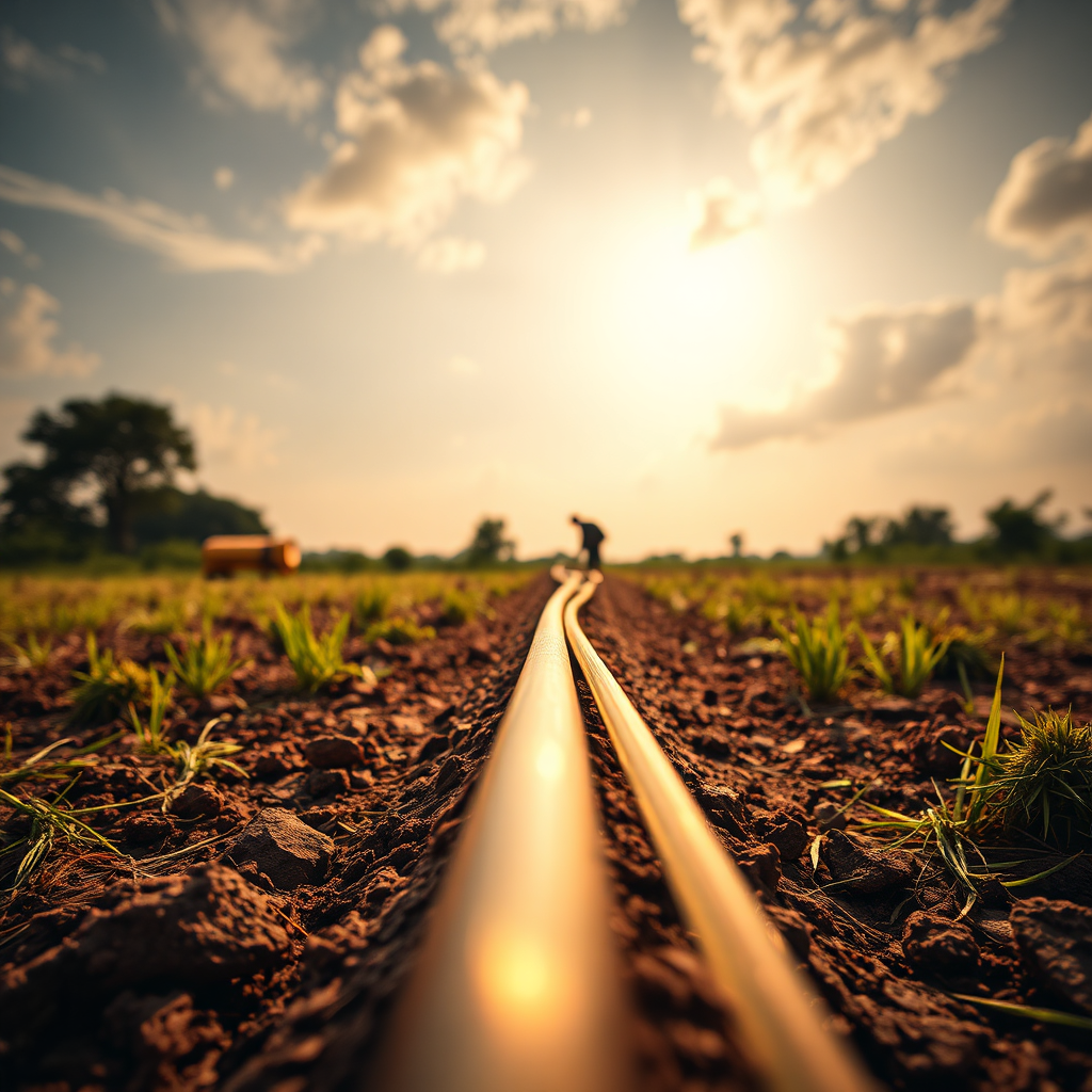 A photorealistic image of a high-speed fiber optic cable being laid across a rural Ghanaian landscape. The composition should emphasize the contrast between the modern technology and the traditional setting. Use vibrant colors to highlight the cable and the surrounding environment. The lighting should be bright and optimistic, symbolizing progress. The camera angle should be a low-angle shot, emphasizing the scale of the infrastructure project. Include workers in the background, representing the human effort behind the digital leap. Ensure the image conveys a sense of progress and connectivity, blending the old with the new.