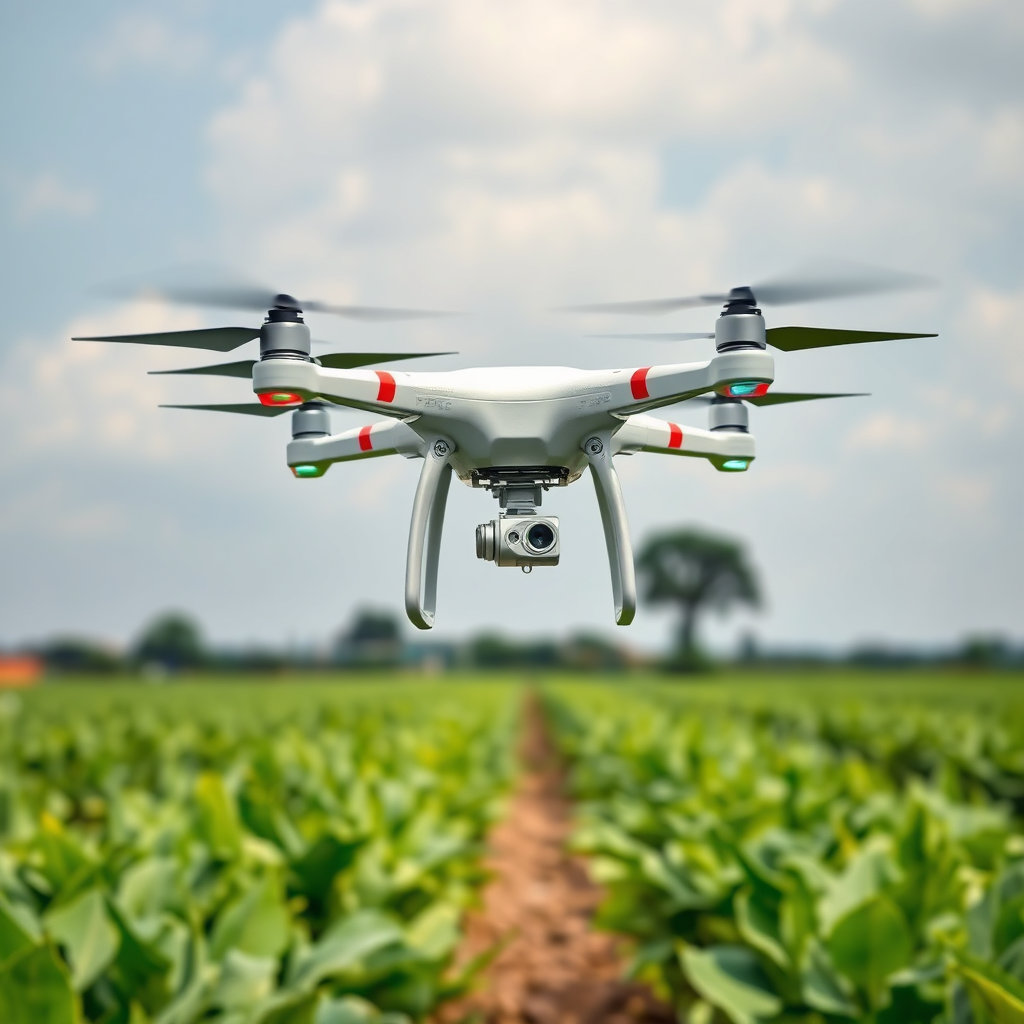 A photorealistic image of a modern Ghanaian farm utilizing drone technology for crop monitoring. The image should convey innovation, efficiency, and sustainability. Style: Clean, modern, and technologically advanced.
