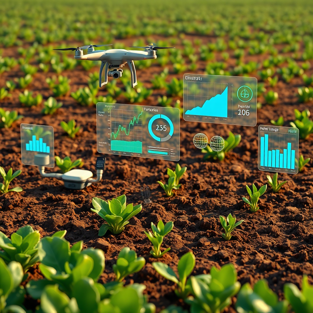 A photorealistic image of a sustainable farm employing digital technologies for environmental monitoring. The scene features sensors, drones, and data visualizations showing soil health, water usage, and crop yields. The lighting is natural and warm, emphasizing the harmony between technology and the environment. The color palette is predominantly green and brown, representing the natural landscape, with accents of blue to symbolize technology and water. The camera angle is a wide shot, capturing the holistic approach to sustainable farming. Texture details include rich soil, lush crops, and advanced technology. Props include drones, sensors, data displays, and sustainable farming equipment. 4K resolution, high quality.