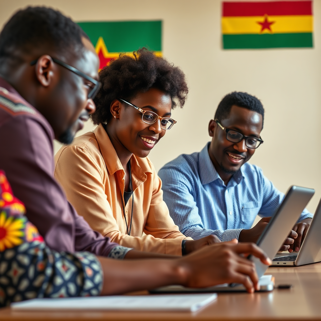 A photorealistic image of a training program for digital skills in Ghana. The composition should feature a diverse group of participants learning from experienced instructors. Use a vibrant color palette to symbolize the energy and potential of the training program. The lighting should be bright and cheerful, conveying a sense of opportunity. The camera angle should be a medium shot, focusing on the participants and their engagement with the training materials. Include a subtle Ghanaian flag pattern in the background. The image should convey the message that Nogsenia Business Hub is offering comprehensive training programs to equip individuals with the skills and knowledge needed to thrive in the digital economy.