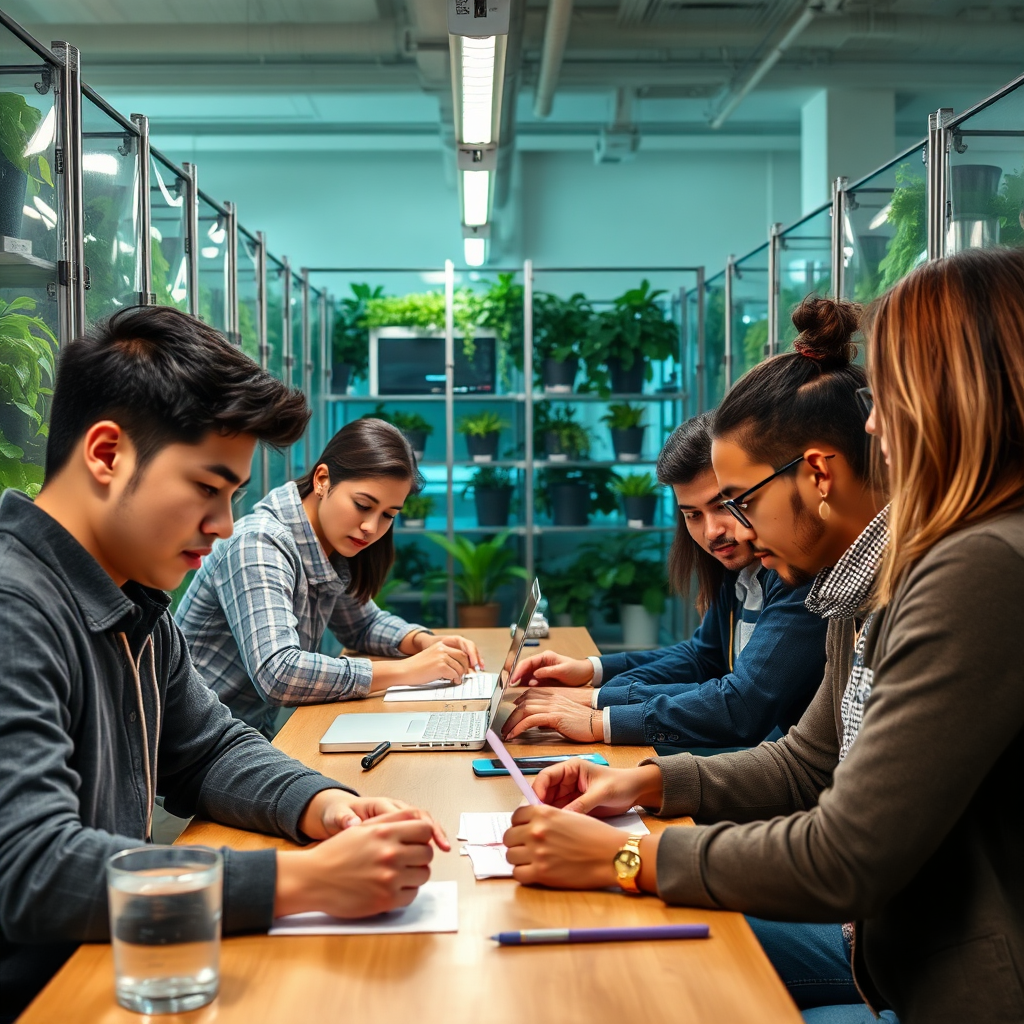 A photorealistic image of a young startup team working diligently in a supportive incubator environment, with mentors providing guidance. The image should convey mentorship, collaboration, and growth. Style: Supportive, nurturing, and encouraging.