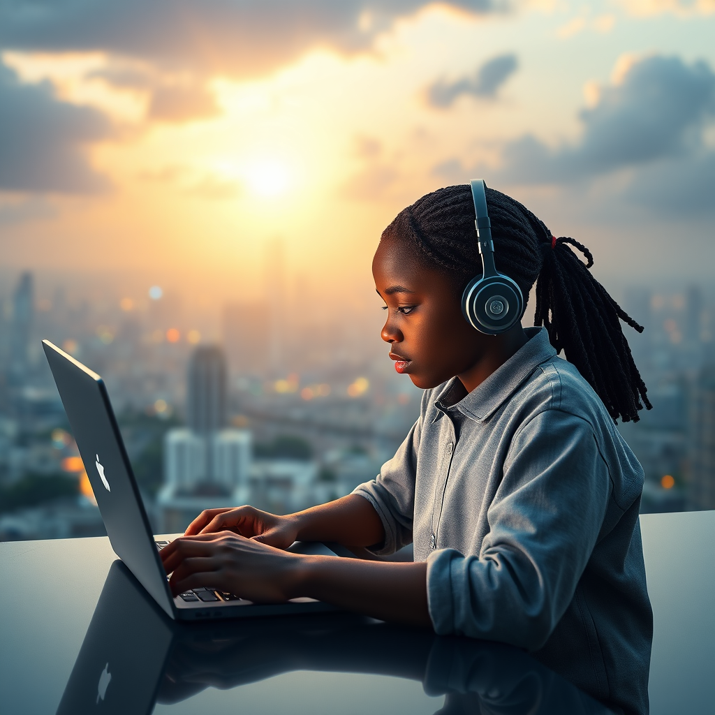 A photorealistic image of a young Ghanaian student learning coding on a laptop, with a backdrop of futuristic cityscape showcasing the potential of digital innovation. The image should convey hope, opportunity, and the power of education. Style: Inspiring, optimistic, and forward-looking.
