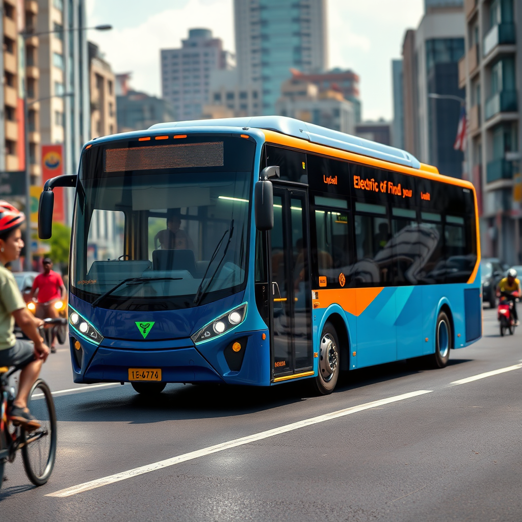 A photorealistic image of an electric bus traveling through a bustling city in Ghana. The composition should emphasize the modernity and sustainability of the transportation system. Use vibrant colors to highlight the bus and the cityscape. The lighting should be bright and optimistic, symbolizing progress. The camera angle should be a medium shot, focusing on the bus and its integration into the urban environment. Include pedestrians and cyclists in the background, representing a diverse transportation ecosystem. Ensure the image conveys a sense of innovation and environmental consciousness.