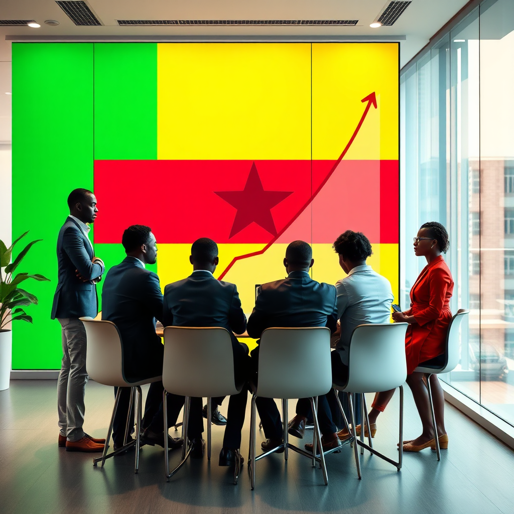 A photorealistic image representing investment in Ghana's digital infrastructure and sustainable solutions. The composition should feature a graph showing economic growth and a diverse group of investors meeting in a modern setting. Use a vibrant color palette to symbolize the potential for return on investment. The lighting should be bright and optimistic, conveying a sense of opportunity. The camera angle should be a medium shot, focusing on the investors and the positive economic indicators. Include a subtle Ghanaian flag pattern in the background. The image should convey the message that Nogsenia Business Hub is attracting investment to drive digital transformation and sustainable development in Ghana.