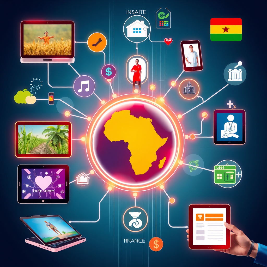 A photorealistic image showcasing various digital devices and applications being used in different sectors in Ghana - agriculture, healthcare, education, and finance. The devices should be interconnected and seamlessly integrated, showcasing efficiency. Use vibrant colors to highlight the technological advancements. The overall image should convey a sense of innovation and modernization.