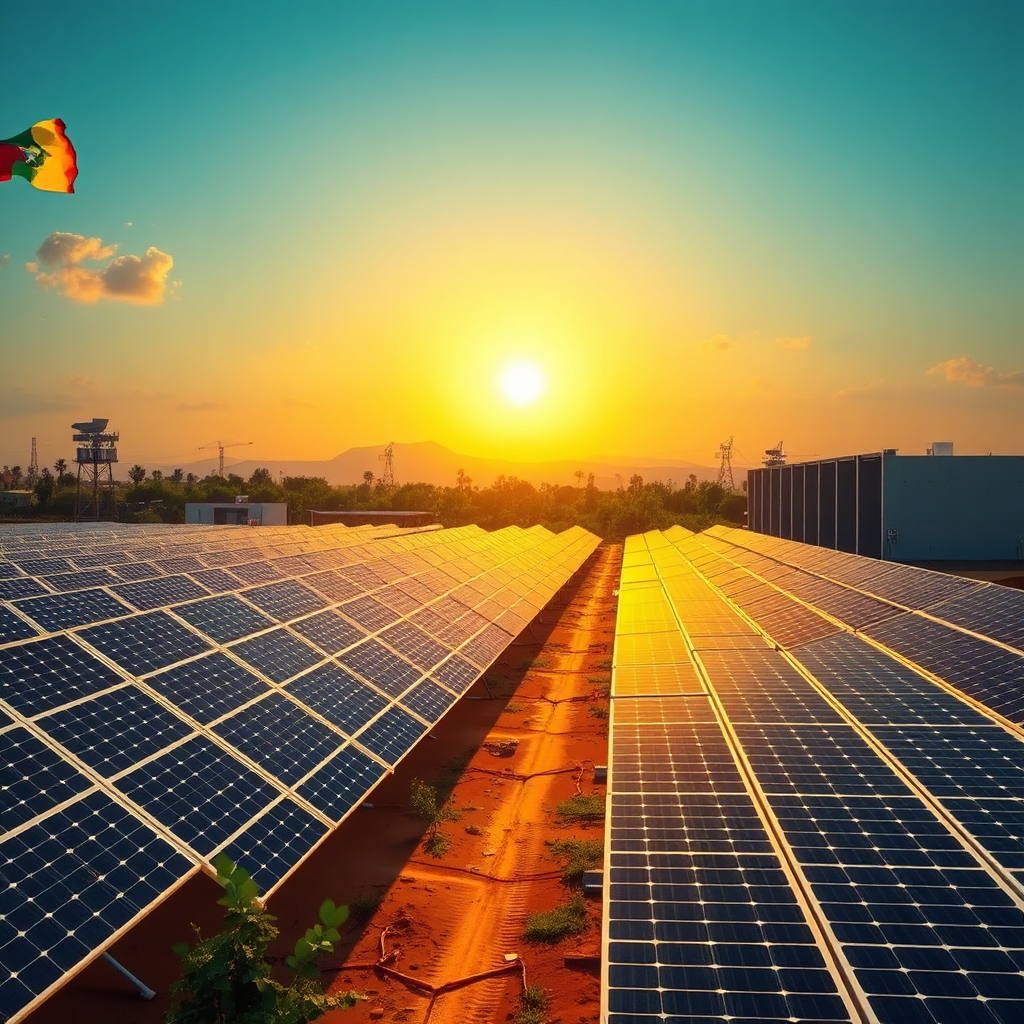 A photorealistic image showcasing a solar panel farm powering a data center in Ghana. The composition should emphasize the harmony between technology and nature. Use a warm color palette to create a sense of energy and sustainability. The lighting should be bright and sunny, symbolizing clean energy. The camera angle should be a wide shot, showcasing the scale of the solar farm and the data center. Include the Ghanaian flag in the background, representing national pride in sustainable development. Ensure the image conveys a sense of progress and environmental responsibility.