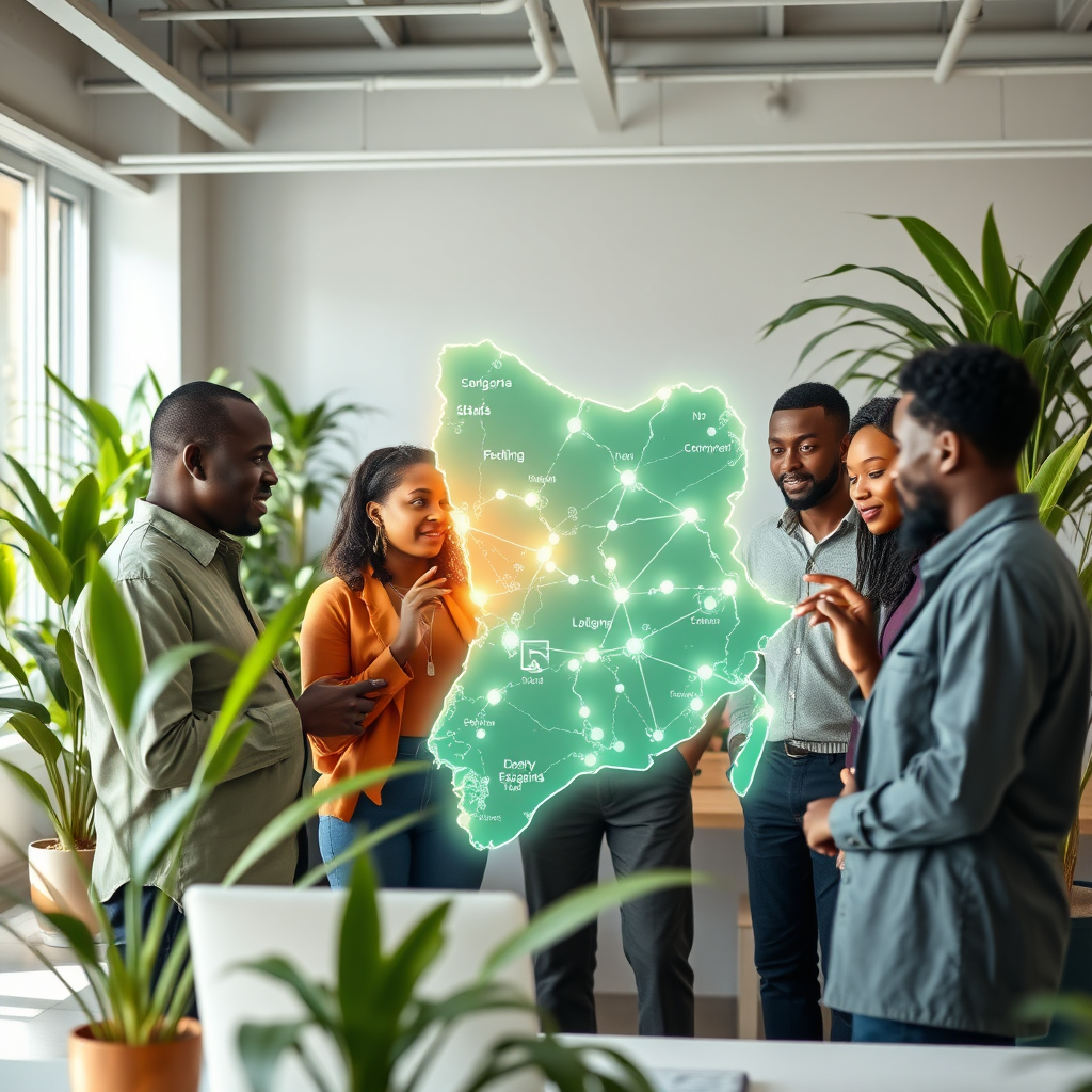 A photorealistic image illustrating a digital network connecting businesses and consumers across the globe. The image features stylized data streams and holographic projections representing the flow of information and resources. The color palette is futuristic and technological, with blues, greens, and purples dominating the scene. The camera angle is a bird's-eye view, showing the interconnectedness of the network. Texture details include digital displays, glowing cables, and virtual interfaces. Props include laptops, smartphones, and digital devices. 4K resolution, high quality.