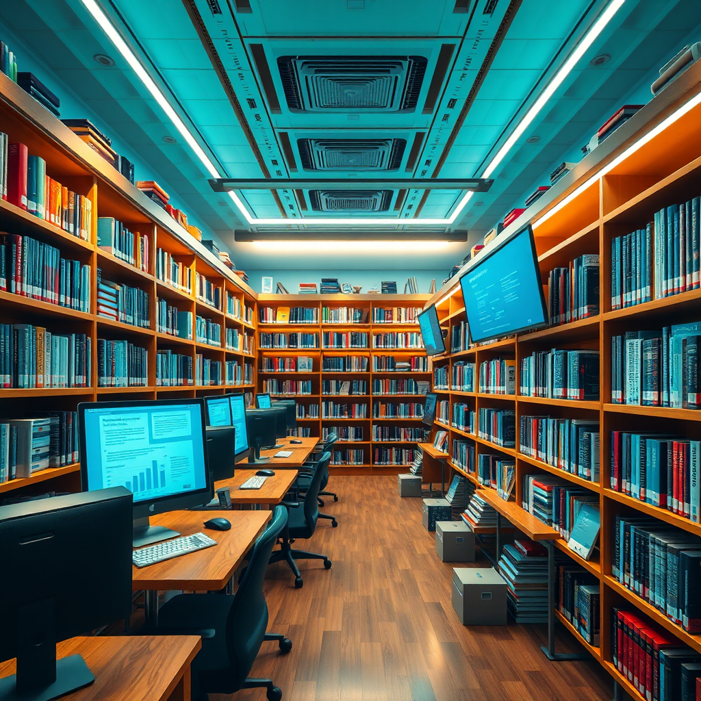 A photorealistic image showing a modern digital library filled with knowledge resources. The image features shelves stocked with books, computers, and digital displays showing research reports and industry insights. The lighting is warm and inviting, creating a conducive atmosphere for learning and research. The color palette is predominantly blue and green, representing knowledge and growth. The camera angle is a wide shot, capturing the vastness and depth of the knowledge resources. Texture details include wooden shelves, leather-bound books, and digital displays. Props include books, computers, tablets, research reports, and digital resources. 4K resolution, high quality.
