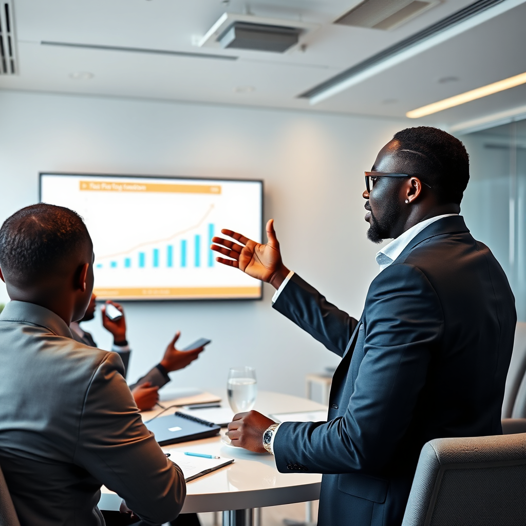 A photorealistic image showing a Ghanaian entrepreneur confidently presenting a digital solution to a group of investors. The setting is a modern conference room with a large screen displaying positive growth charts. The image should convey innovation, confidence, and progress. Style: Professional, sleek, and forward-thinking.