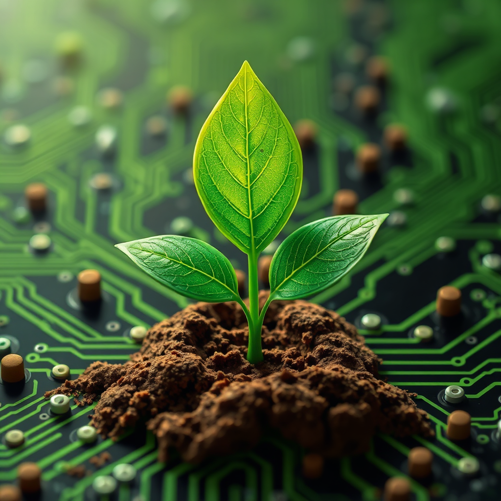 A stylized image of a green leaf growing out of a digital circuit board. The leaf represents sustainability and nature, while the circuit board symbolizes technology. Use earthy tones and vibrant greens to create a balanced and harmonious composition. The overall image should convey the message of integrating sustainability with technology.
