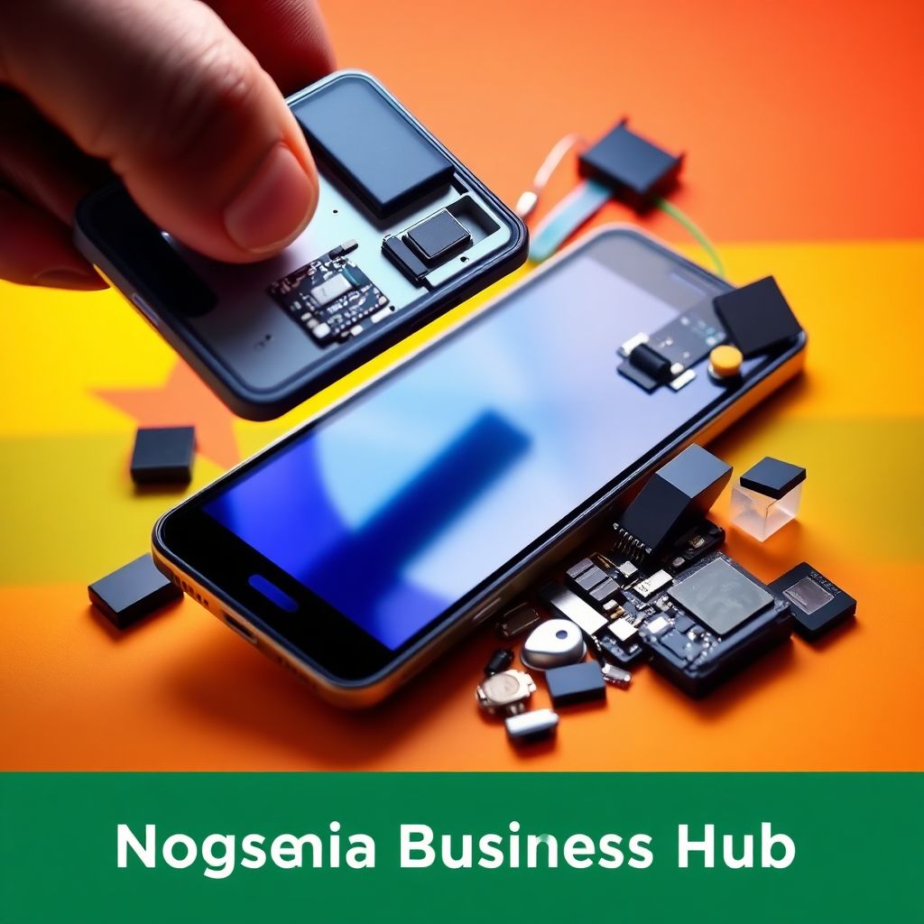 A stylized image representing the circular economy in the context of digital devices in Ghana. The composition should feature a smartphone being disassembled and its components being repurposed for new devices. Use a vibrant color palette to symbolize the different stages of the circular economy. The lighting should be bright and optimistic, conveying a sense of innovation and sustainability. The camera angle should be a close-up shot, focusing on the details of the components and the recycling process. Include a subtle Ghanaian flag pattern in the background. The image should convey the message that Nogsenia Business Hub is committed to promoting sustainable practices in the digital industry.