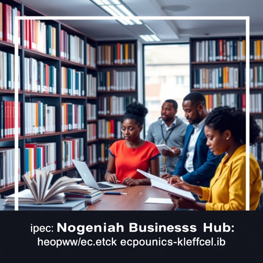 A stylized image representing a knowledge hub for digital transformation and sustainable solutions in Ghana. The composition should feature a library with digital books, online courses, and research materials. Use a modern design aesthetic with a color palette that evokes trust and reliability. The lighting should be soft and diffused, creating a welcoming and informative feel. The camera angle should be a wide shot, showcasing the breadth of resources available. Include a diverse group of Ghanaian professionals accessing the resources in the background. The image should convey the message that Nogsenia Business Hub is providing access to valuable resources to empower businesses and individuals in Ghana.