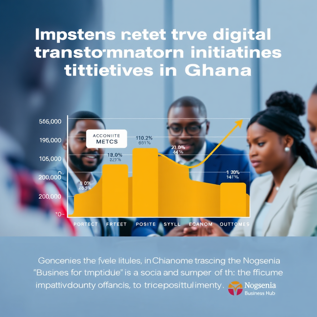 A stylized image representing the impact of digital transformation initiatives in Ghana. The composition should feature a graph showing positive social and economic outcomes. Use a modern design aesthetic with a color palette that evokes trust and reliability. The lighting should be soft and diffused, creating a welcoming and informative feel. The camera angle should be a medium shot, focusing on the graph and its key metrics. Include a diverse group of Ghanaian professionals analyzing the data in the background. The image should convey the message that Nogsenia Business Hub is tracking and measuring the impact of its initiatives to ensure accountability and drive positive change.