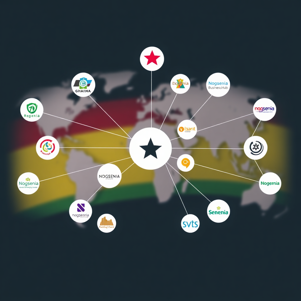 A stylized image showcasing a network of interconnected logos representing Nogsenia Business Hub's partners in Ghana and around the world. The composition should emphasize the strength and diversity of the network. Use a modern design aesthetic with a color palette that evokes trust and reliability. The lighting should be soft and diffused, creating a welcoming and collaborative feel. The camera angle should be a wide shot, showcasing the scale of the network. Include a subtle Ghanaian flag pattern in the background. The image should convey the message that Nogsenia Business Hub is leveraging its partnerships to drive digital transformation and sustainable development in Ghana.