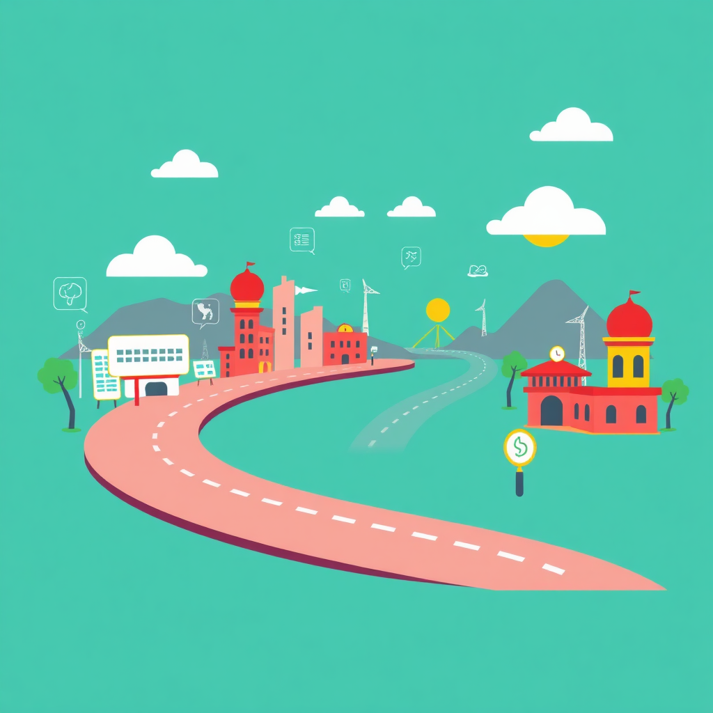 A stylized image showing a roadmap leading to a digital future for a Ghanaian business. The road is paved with technology icons and landmarks, with a clear path towards growth and sustainability. Use bright, optimistic colors to represent progress. The composition should be clean and modern, conveying strategic planning and vision.