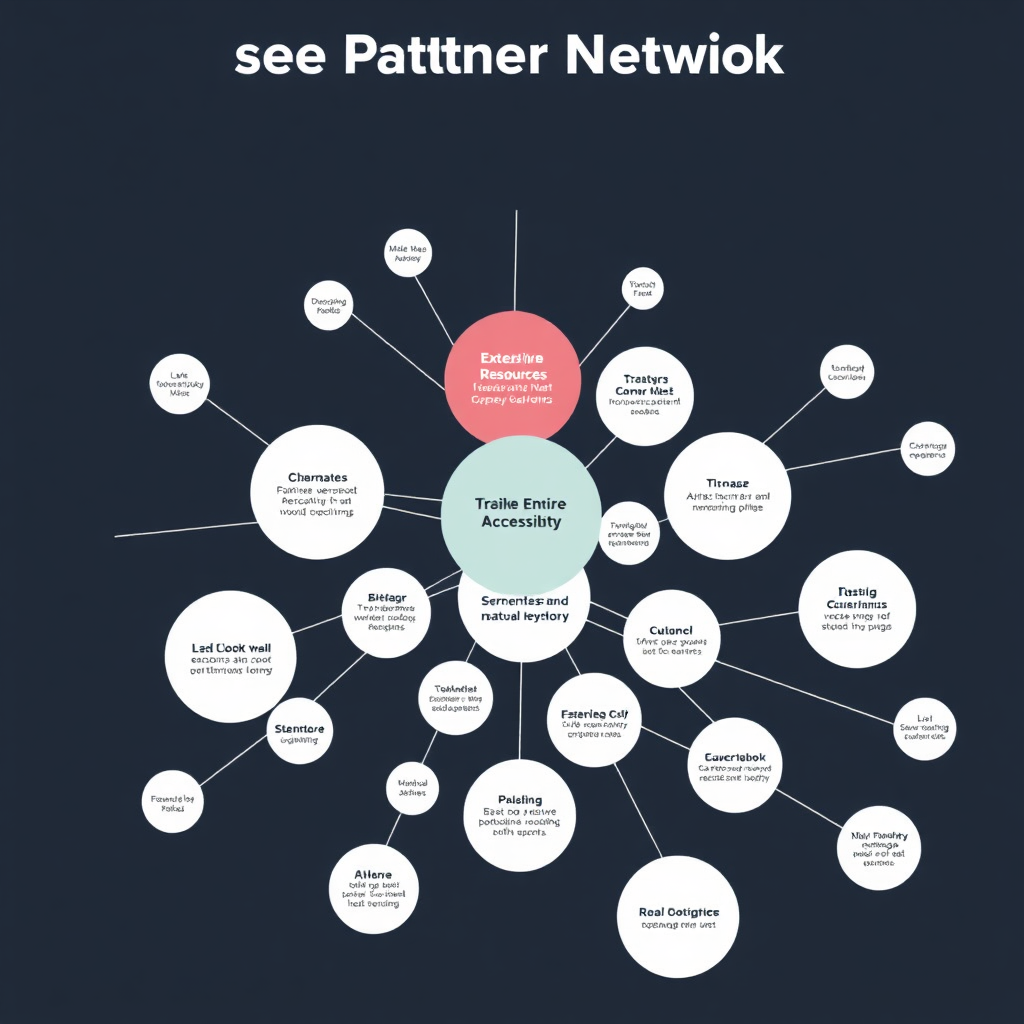 A visual representation of an extensive partner network, with nodes representing different organizations and resources, highlighting accessibility. Style: Informative, comprehensive, and accessible.
