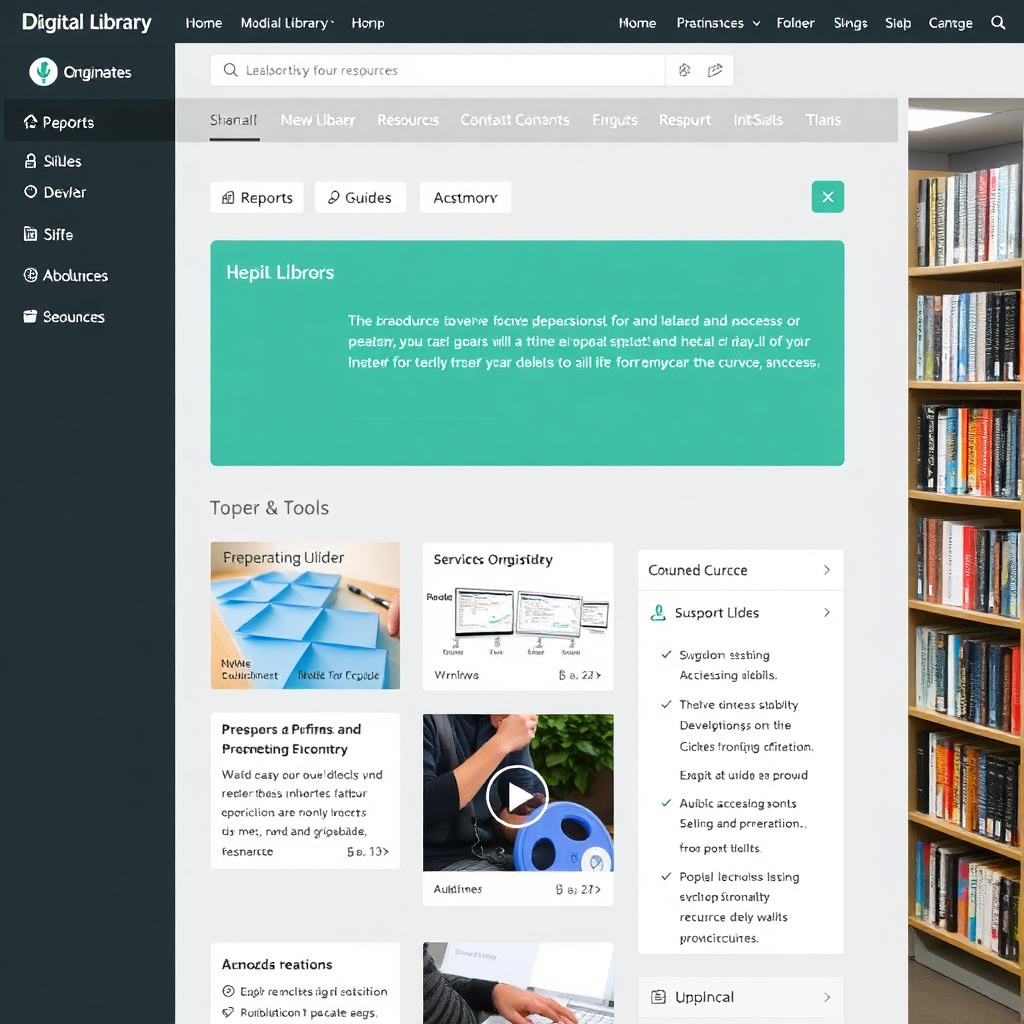 A well-organized digital library interface showcasing a variety of resources, including reports, guides, and tools. Show accessibility and usability. Style: Organized, accessible, and informative.