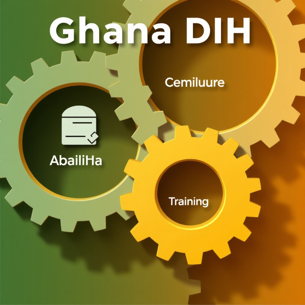 An abstract image representing the Ghana DIH advantage, with interconnected gears symbolizing various aspects of the hub (finance, training, expertise). The gears are smoothly interlocking, demonstrating perfect alignment and synergy. Style: Modern, abstract, geometric.