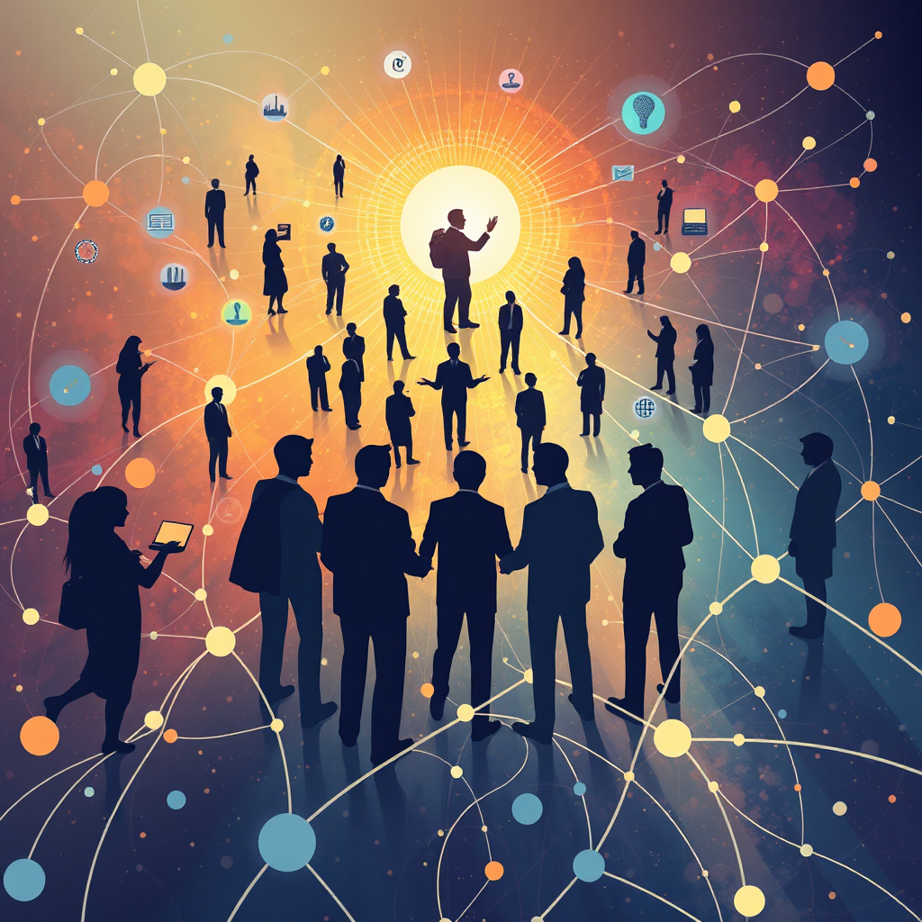 An abstract representation of interconnected organizations and individuals working together towards a common goal, emphasizing collaboration and shared vision. Style: Abstract, interconnected, and visionary.