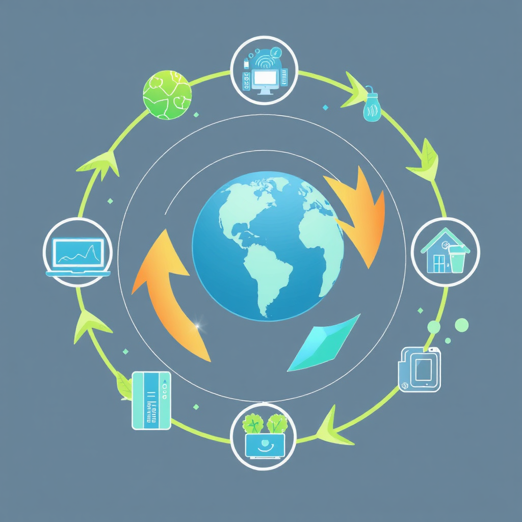 An illustration of a closed-loop system representing a circular economy, with digital technologies facilitating waste reduction and resource recovery. Style: Abstract, interconnected, and sustainable.