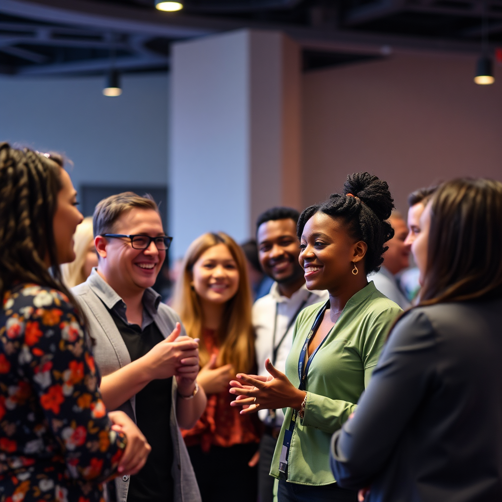 An image of a diverse group of entrepreneurs engaging in a networking event, fostering collaboration and peer support. Show vibrancy and inclusivity. Style: Energetic, inclusive, and supportive.