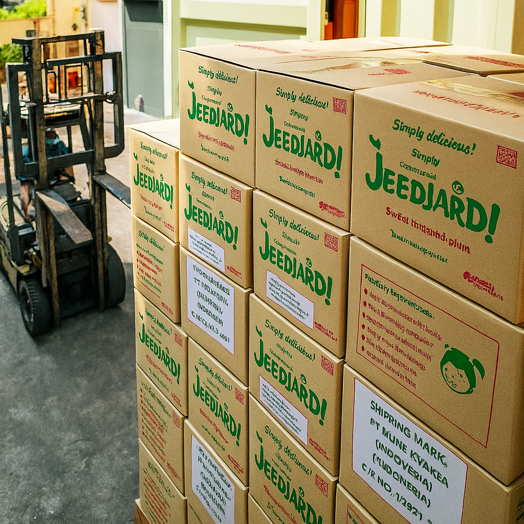 Depict stacked boxes of 3M Food Product snacks labeled with international shipping symbols, ready for export at a distribution center. Ensure that the scene reflects readiness and efficient export operations. Style reference: Logistic and commercial photography.