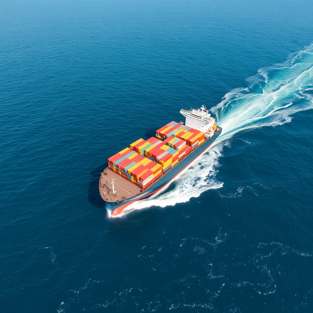 A cargo ship sailing across the ocean, symbolizing our efficient export logistics. Use a wide-angle lens to capture the vastness of the sea and the scale of the ship.