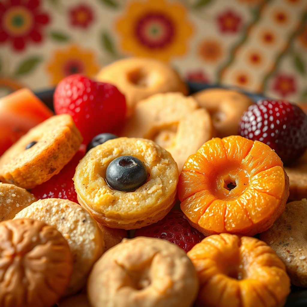A close-up, photorealistic shot of assorted fruit-based snacks and biscuits. The focus is on vibrant colors and textures, showcasing the freshness and quality of the ingredients. Include traditional Thai patterns subtly in the background to hint at the origin. Use warm, inviting lighting to make the snacks look appetizing.