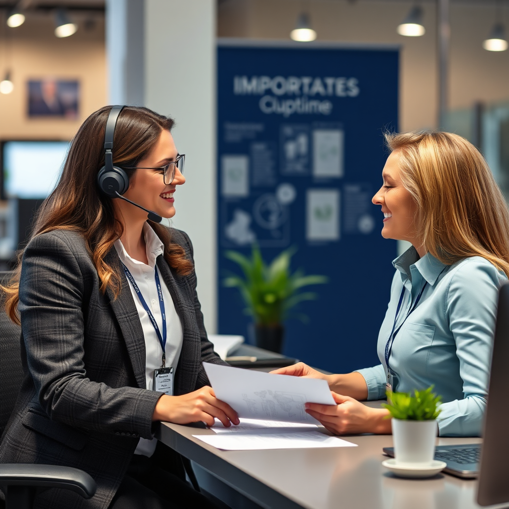 A customer service representative assisting a client with their import inquiries. The setting should be professional and friendly, conveying a sense of trust and support.