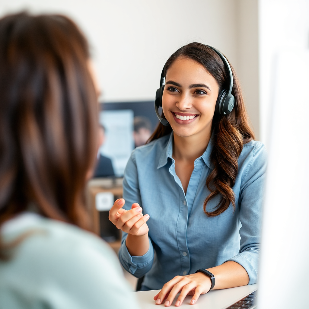 A customer service representative smiling and assisting a client via video call. The setting should be professional and friendly, conveying a sense of trust and support.