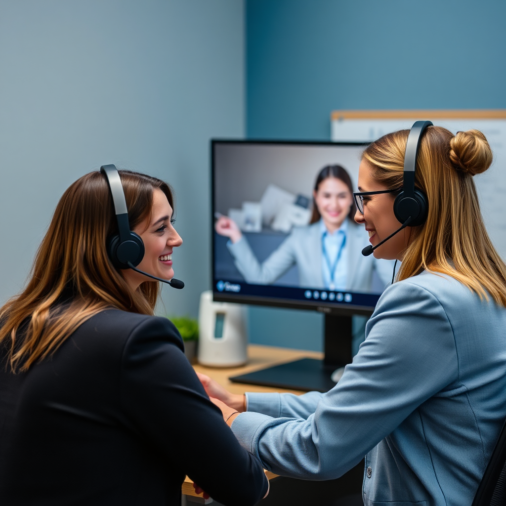 A customer service representative assisting an overseas client via video call. The setting should be professional and friendly, conveying a sense of trust and support.