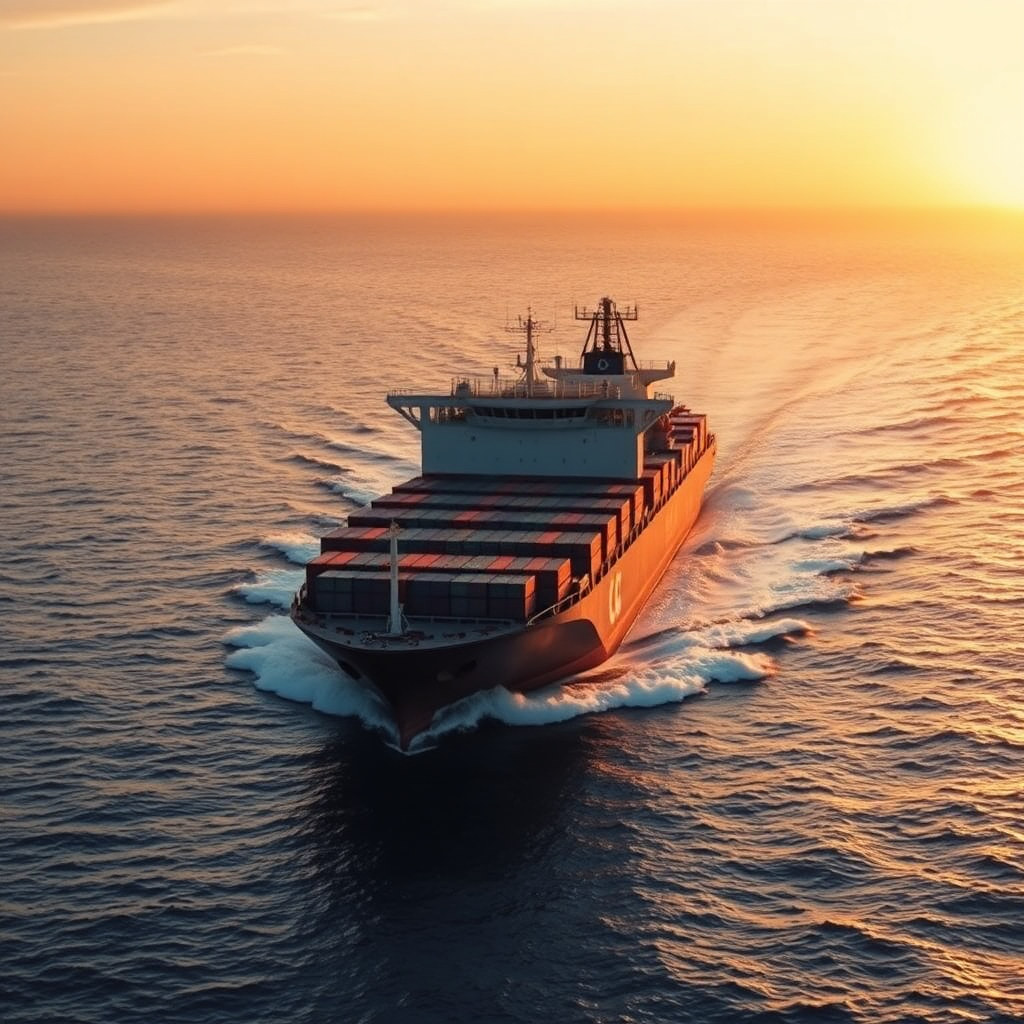 A dynamic shot of a cargo ship sailing across the ocean at sunset. Use a wide-angle lens to capture the vastness of the sea and the scale of the ship. The color palette should be warm and golden, conveying a sense of efficiency and speed.