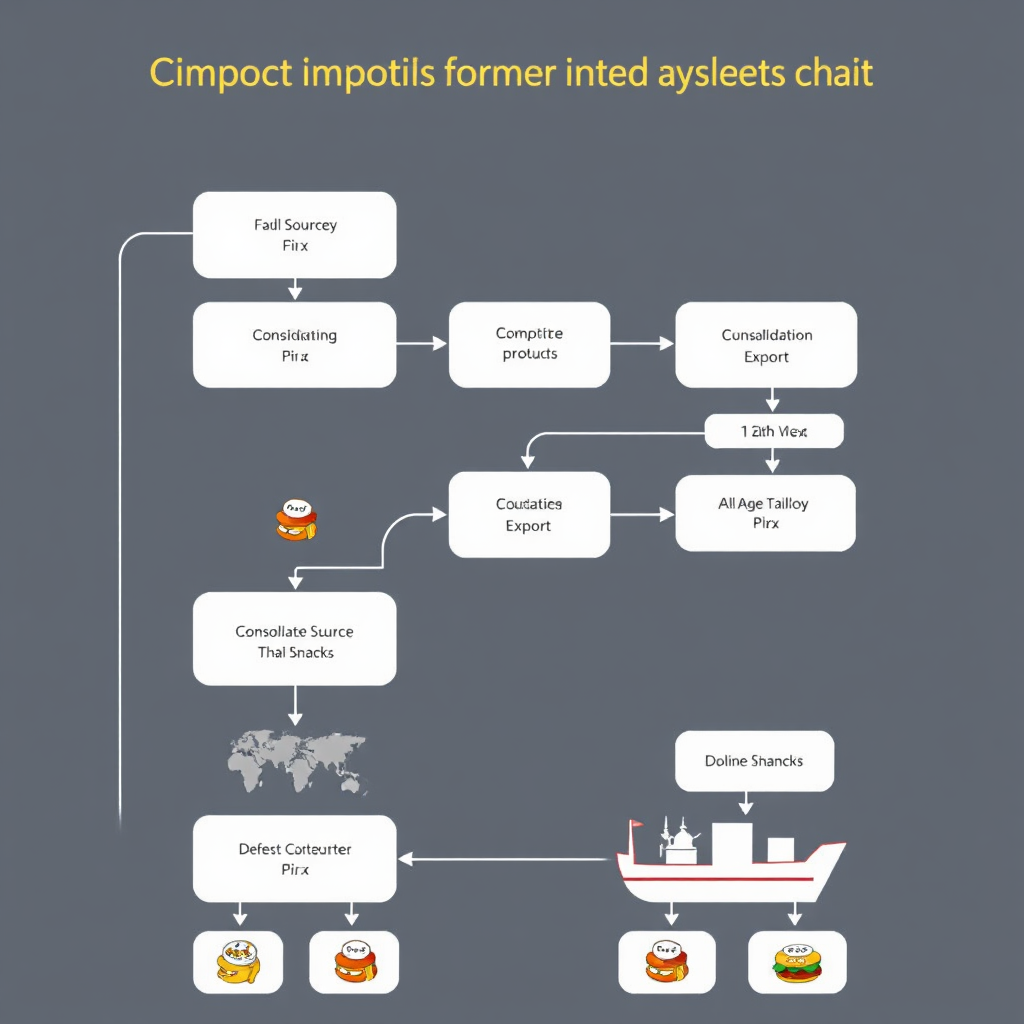 A flowchart illustrating the entire process of importing Thai snacks, from sourcing to consolidation to export. Use a clean and modern design with clear steps and icons.