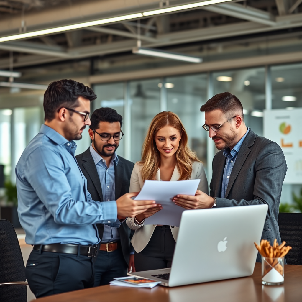 A group of professionals in a modern office setting, collaborating and analyzing data related to the snack industry. The image should convey expertise, knowledge, and a data-driven approach.