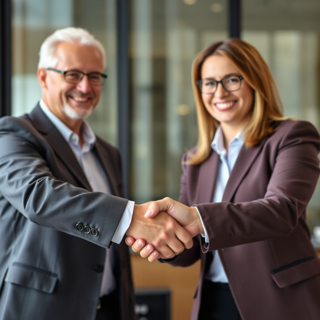 A handshake between two business professionals, symbolizing a trusted partnership. The setting should be professional and friendly, conveying a sense of mutual respect.