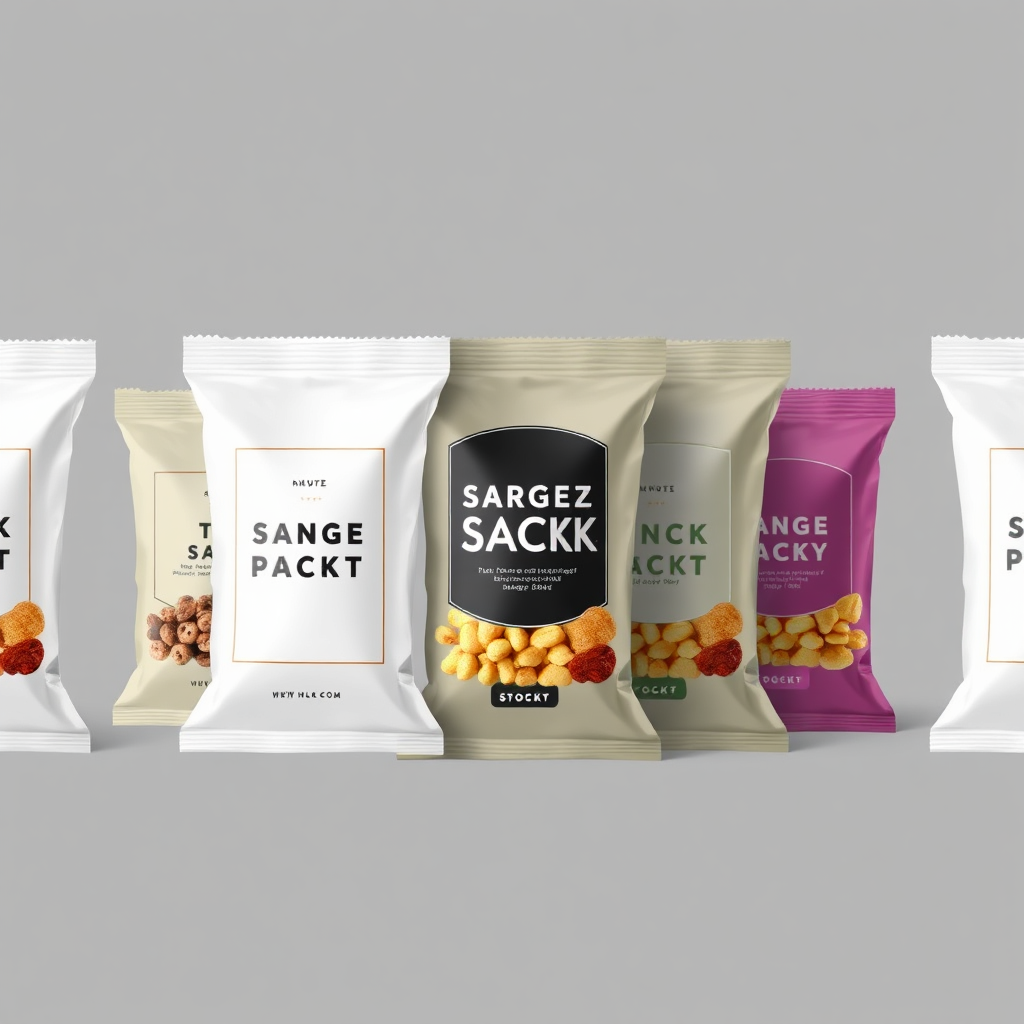 A mockup of various snack packages with different private label designs. Showcase diverse branding styles, from minimalist to bold. Use a clean, modern aesthetic to emphasize the customization aspect.