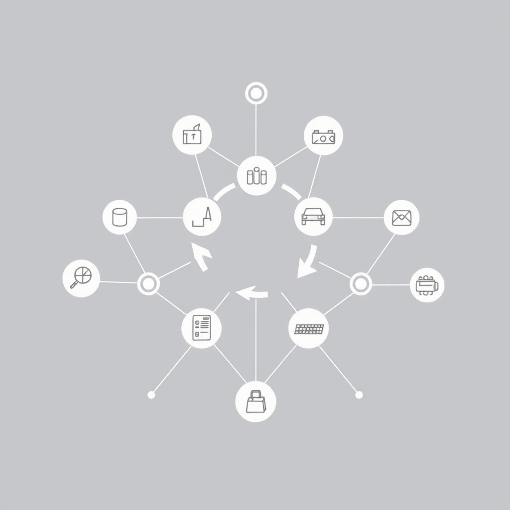 A network of interconnected suppliers and manufacturers, representing our efficient sourcing capabilities. Use a clean and modern design with arrows indicating the flow of products.