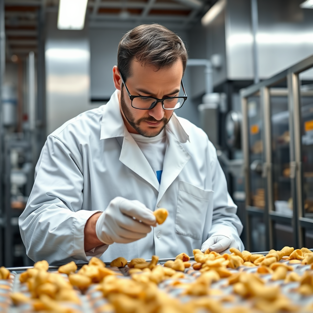 A photorealistic image of a quality control inspector examining a batch of snacks in a modern, clean facility. The lighting should be bright and sterile, conveying a sense of meticulousness and precision. Focus on the inspector's focused expression.
